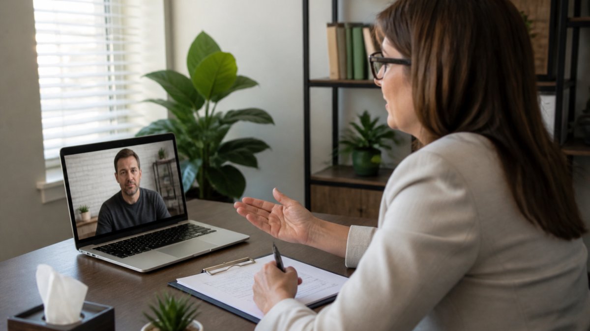 Professional counselor conducting a video consultation with a client on a computer screen in a calm, private office setting with soft lighting and a minimalist desk